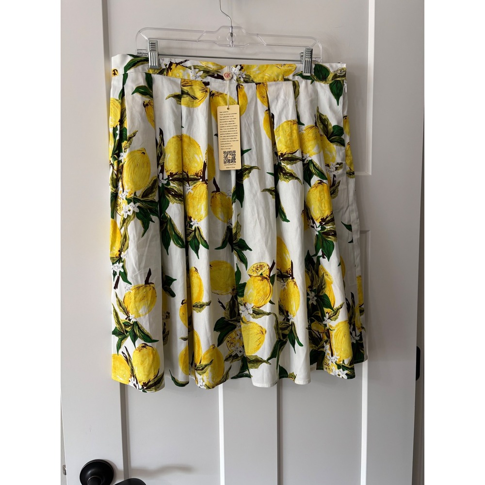 Grace Karin Lemon Print Skirt XXL Pleated Knee Length Cotton‎ Blend New